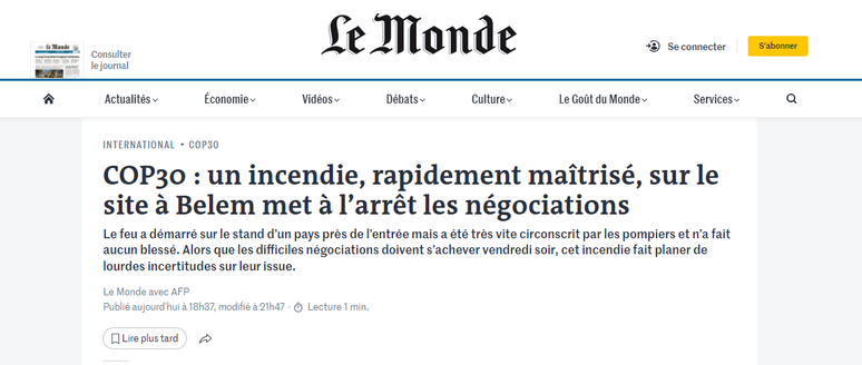 Le Monde repercute inc&ecirc;ndio na COP30
