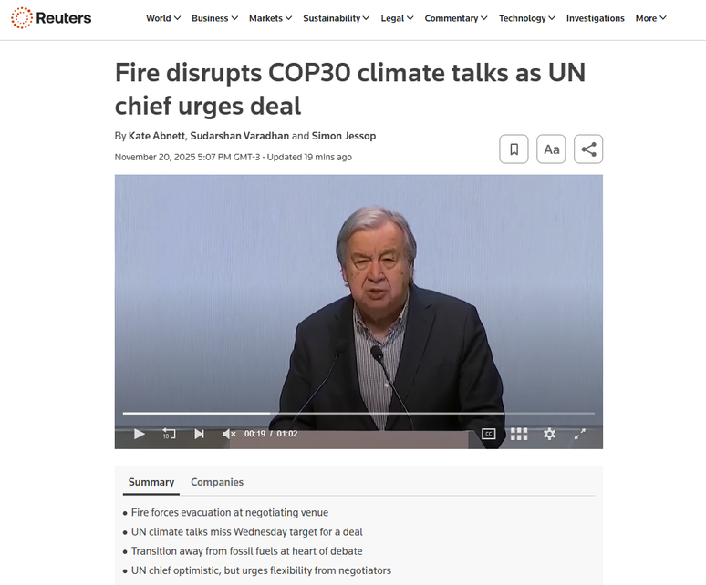 Reuters repercute inc&ecirc;ndio na COP30