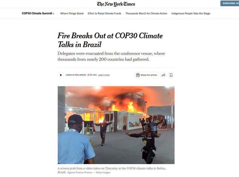 The New York Times repercute inc&ecirc;ndio na COP30