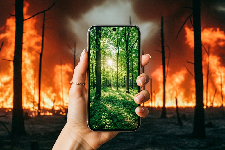 A desinformação climática no Brasil revela-se, entre outros fatores, pela propagação da ideia de que há uma antítese entre preservação e desenvolvimento, o que alimenta questionamentos sobre a real existência e gravidade das mudanças climáticas, banaliza riscos de eventos extremos e transforma fatos científicos em tema de debate político ideológico. Imagem gerada por IA via Envato Labs, CC BY