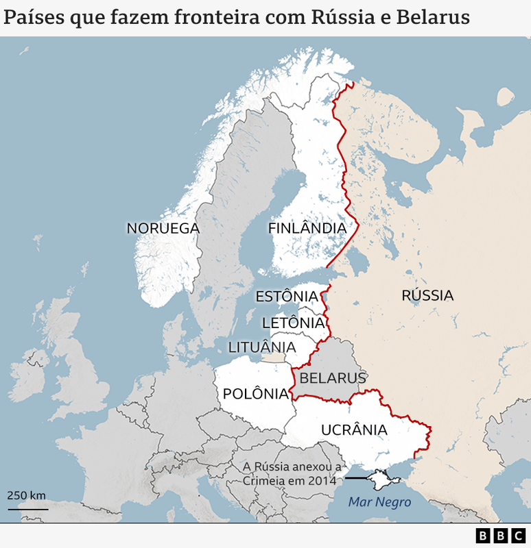 Um mapa mostrando os pa&iacute;ses que fazem fronteira com R&uacute;ssia e Belarus, como Finl&acirc;ndia, Est&ocirc;nia e Pol&ocirc;nia