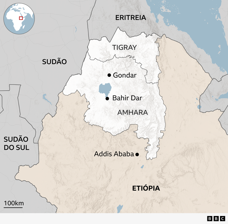 Mapa mostra a localiza&ccedil;&atilde;o de Amhara, no noroeste da Eti&oacute;pia. A regi&atilde;o de Tigray fica ao norte de Amhara. Tamb&eacute;m aparecem os pa&iacute;ses vizinhos: Eritreia, ao norte, e Sud&atilde;o e Sud&atilde;o do Sul, a oeste.