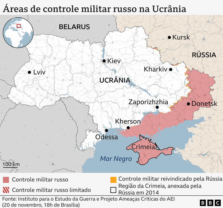Mapa mostrando as &aacute;reas de controle militar russo na Ucr&acirc;nia