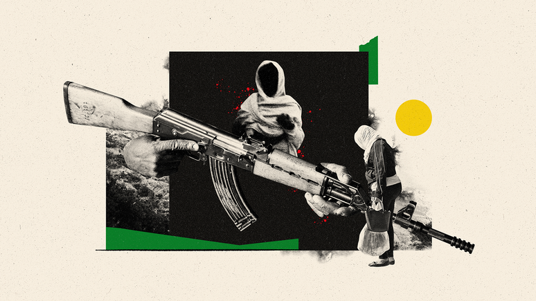 Colagem de imagens mostra uma m&atilde;o sobre um fuzil AK-47 e duas mulheres com rostos n&atilde;o vis&iacute;veis, ambas usando len&ccedil;os brancos que cobrem cabe&ccedil;a e ombros.