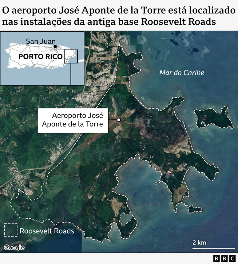 Mapa de Porto Rico que mostra a localiza&ccedil;&atilde;o da antiga base Roosevelt Roads, no leste da ilha.