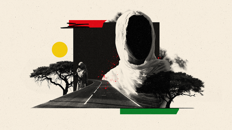 Imagem mostra uma colagem com um rosto de uma mulher em silhueta, vestindo um len&ccedil;o branco que cobre cabe&ccedil;a e ombros. Abaixo dela, h&aacute; uma estrada sinuosa, algumas &aacute;rvores e a imagem menor de outra mulher com traje semelhante.