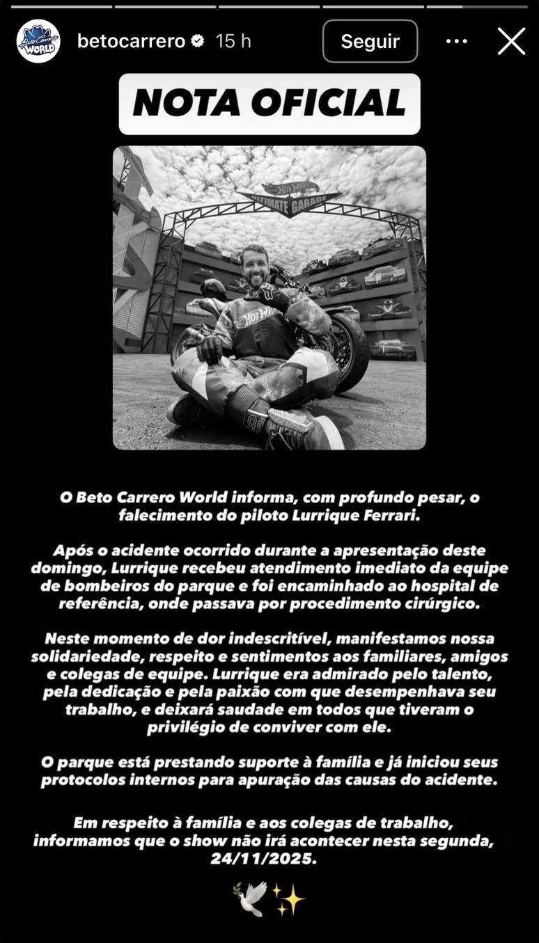 Parque publicou nota oficial após morte de piloto em apresentação
