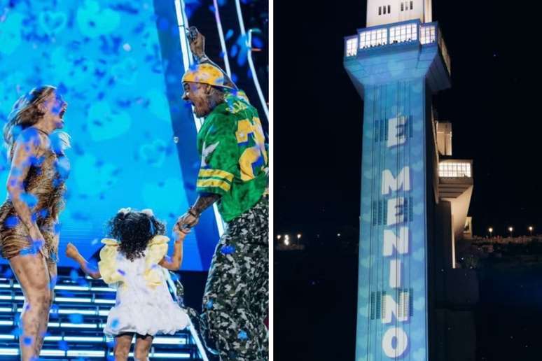 Lore Improta, Liz e Léo Santana fazem 'chá revelação' em show