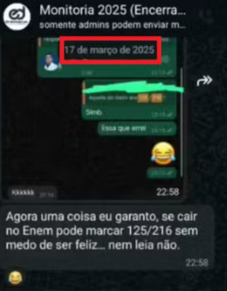 Mensagem de Edcley em grupo de monitoria