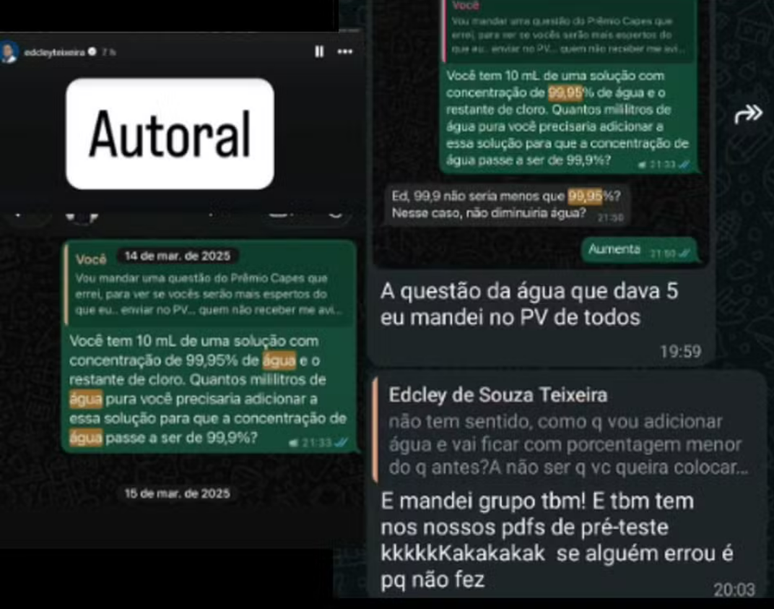 Mensagem de Edcley em grupo de monitoria