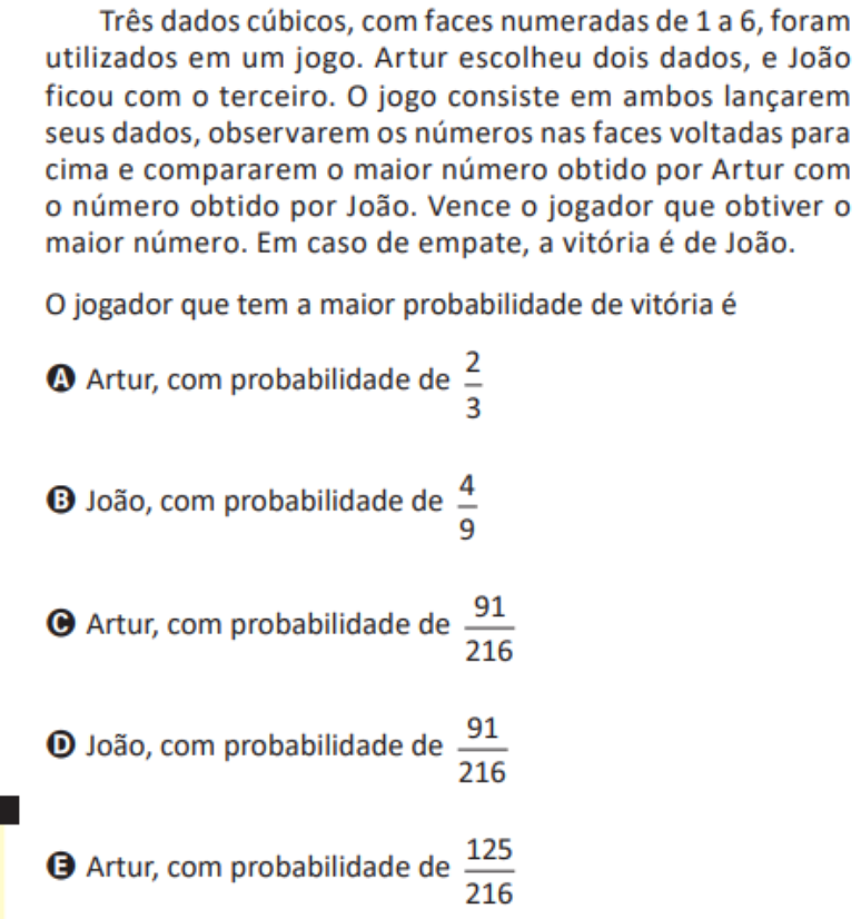 Questão do Enem 2025 sobre probabilidade/lançamento de dados