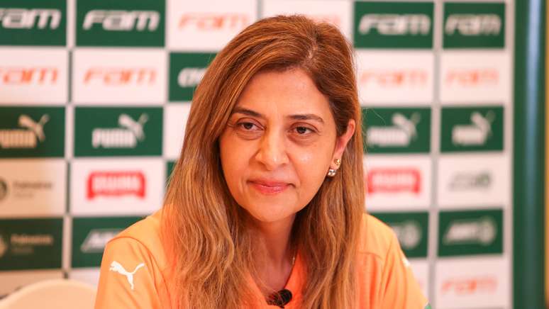 President Leila Pereira, of SE Palmeiras, holds a press conference in Abu Dhabi, USA. 
