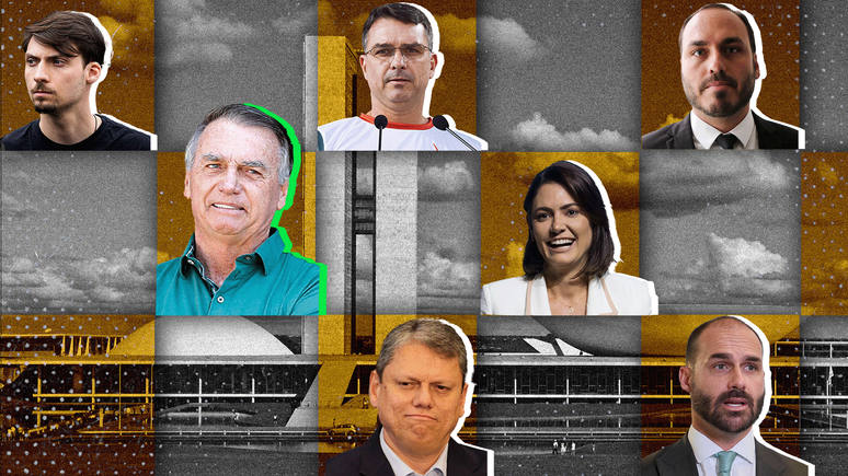 Colagem de fotos com o Congresso Nacional no fundo e fotos de Michelle, Jair, Flavio, Eduardo, Tarcísio, Jair Renan e Carlos Bolsonaro.