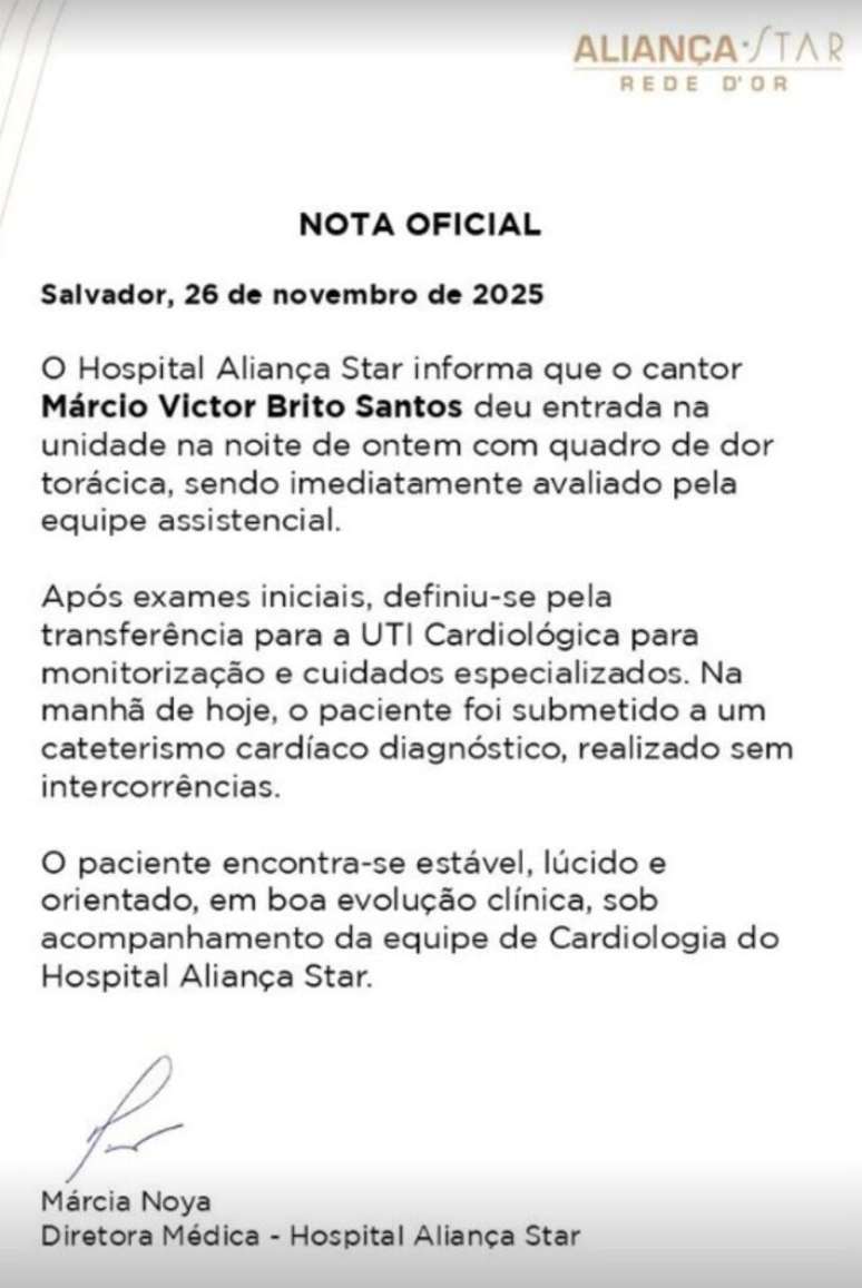 Nota sobre o estado de saúde do cantor Márcio Victor, da banda Psirico