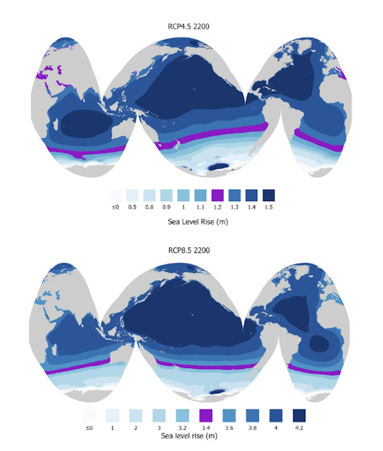 Dois mapas da Terra mostrando diferentes aumentos do nível do mar