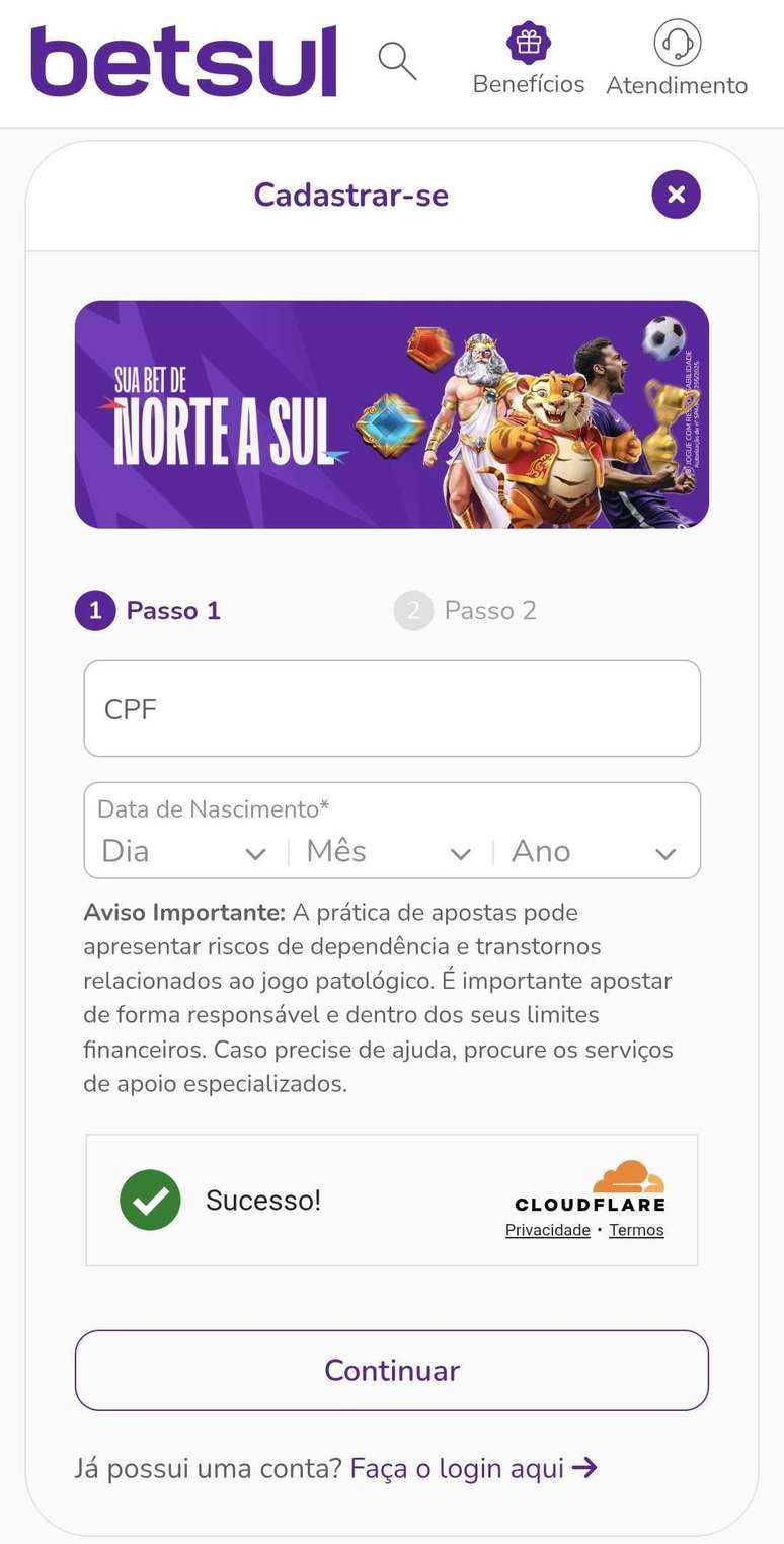 O código promocional Betsul pode ser inserido durante o cadastro