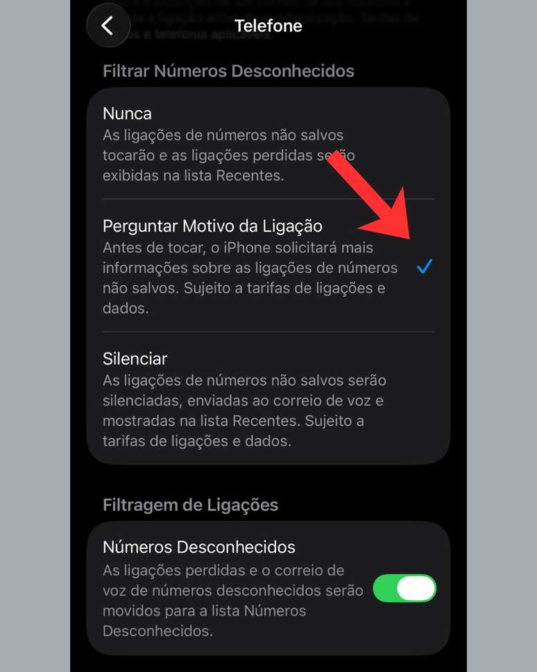 Toque em Filtrar n&uacute;meros desconhecidos e ative a op&ccedil;&atilde;o 'Perguntar motivo da liga&ccedil;&atilde;o'