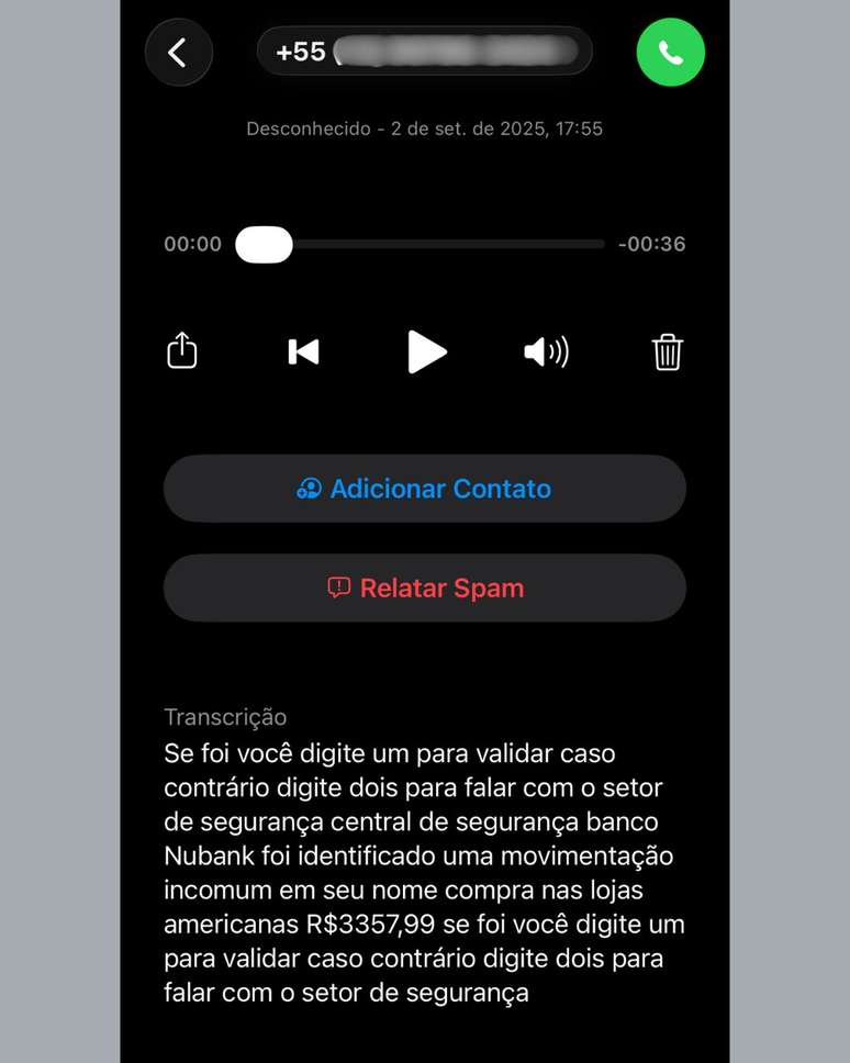 A chamada fica registrada dessa forma