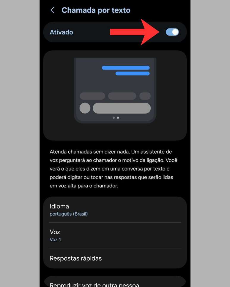 Selecione Chamada por Texto para ativar e ative