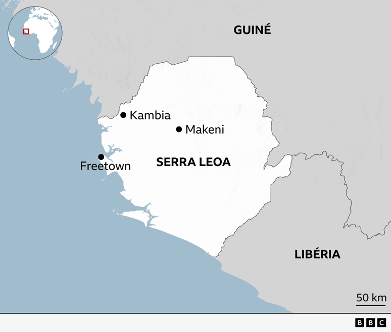 Mapa de Serra Leoa, com a localiza&ccedil;&atilde;o das cidades mencionadas na reportagem