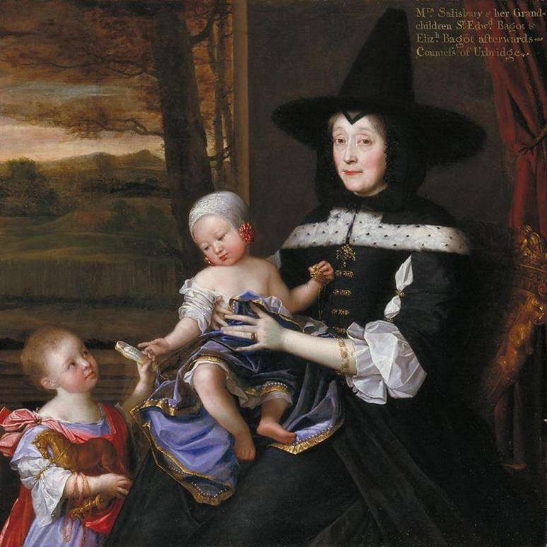 No s&eacute;culo 17, os chap&eacute;us pontudos pretos estavam em toda parte. Aqui, Retrato da Sra. Salesbury com Seus Netos, do pintor John Michael Wright (1617-1694)