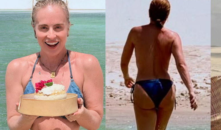 Angélica faz topless e exibe boa forma ao comemorar 52 anos em viagem com Luciano Huck aos Lençóis Maranhenses: 'Celebrando a vida'.