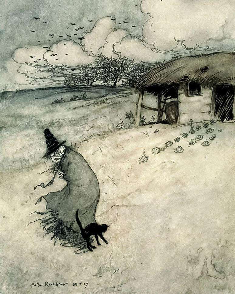 As ilustra&ccedil;&otilde;es de Arthur Rackham (1867-1939) no livro As Lendas de Ingoldsby (1907) retratam a feiticeira de manto preto e chap&eacute;u alto