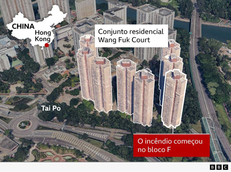Fogo teve in&iacute;cio em Wang Fuk Court, um grande conjunto residencial no distrito de Tai Po, em Hong Kong, &agrave;s 14h51 de quarta-feira (26/11) no hor&aacute;rio local