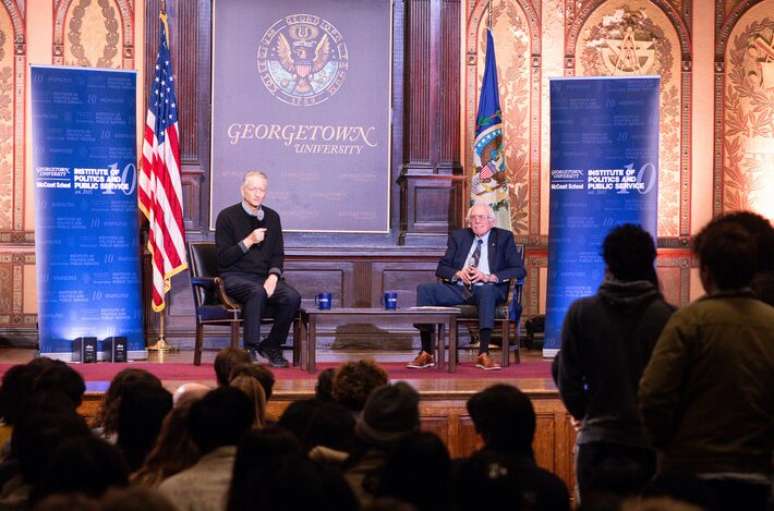 British computer scientist Geoffrey Hinton and Senator Bernie Sanders at an artificial intelligence event at Georgetown University