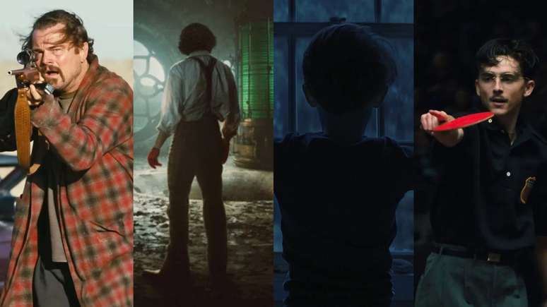 Leonardo DiCaprio em "Uma Batalha Após a Outra", Oscar Isaac em "Frankenstein", cena de "A Hora Do Mal" e Timothée Chalamet em "Marty Supreme" (Fotos: Divulgação)