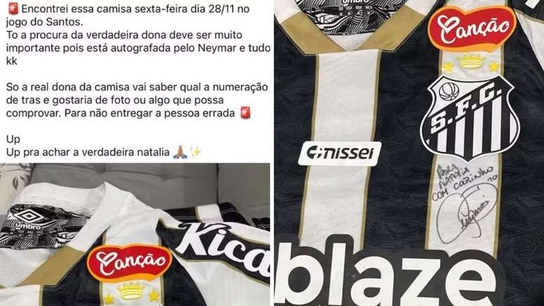 Torcedor fez publicação nas redes sociais procurando pela dona da camisa autografada por Neymar