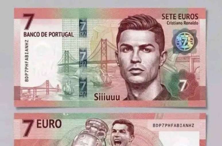 - Reprodução de Vídeo - Legenda: Nota falsa de 7 euros com a efígie de Cristiano Ronaldo circula nas redes sociais