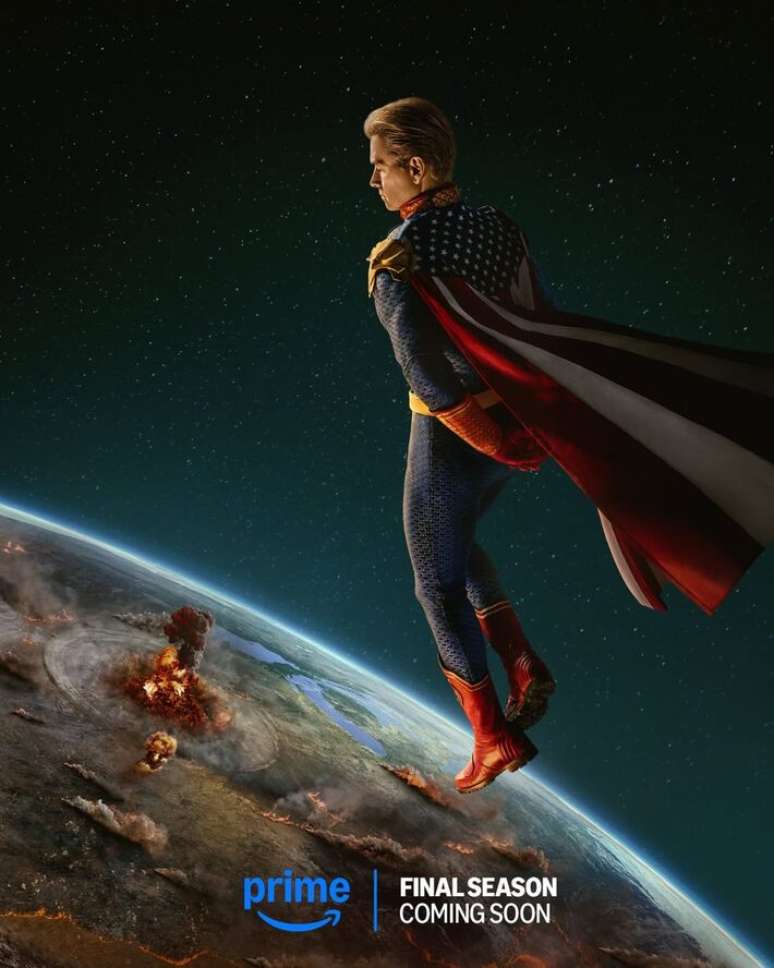 Vil&atilde;o de 'The Boys', Capit&atilde;o P&aacute;tria (Antony Starr) observa grandes explos&otilde;es em p&ocirc;ster da 5&ordf; temporada