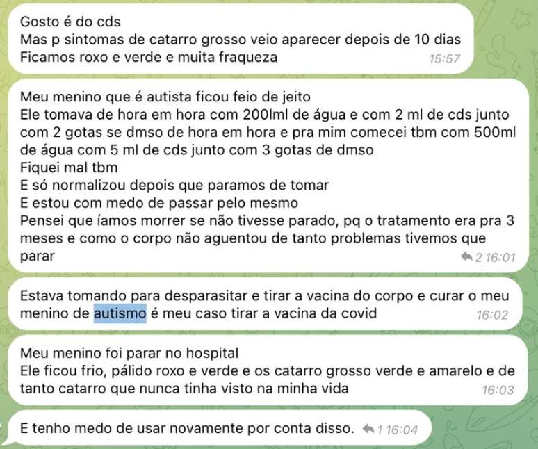 Mãe relata ter ido para o hospital com o filho após ambos tomarem dióxido de cloro.