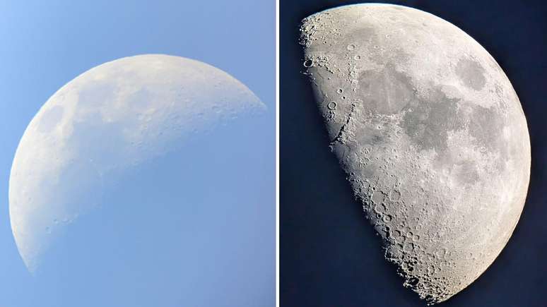 Um telescópio iniciante de 60 mm já consegue revelar crateras na Lua (à esquerda), enquanto um telescópio maior, de 25 cm, revelará ainda mais detalhes (à direita)