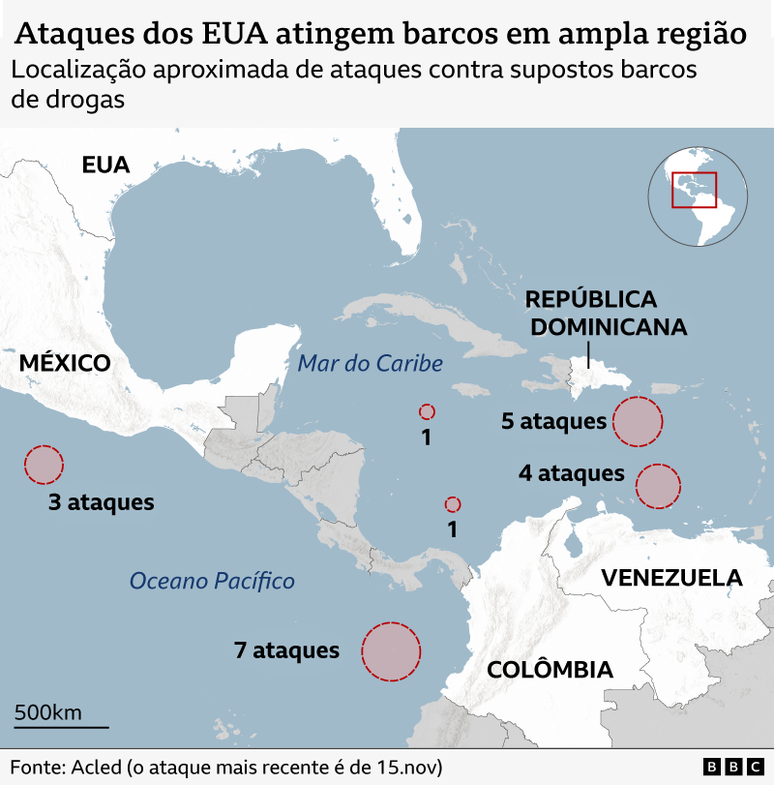 Localizações aproximadas dos ataques dos EUA contra supostos barcos de drogas no mar do Caribe e no oceano Pacífico