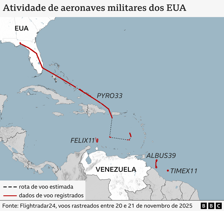 O mapa mostra as trajetórias de voo de aeronaves militares dos EUA próximas à costa da Venezuela em 20 e 21 de novembro
