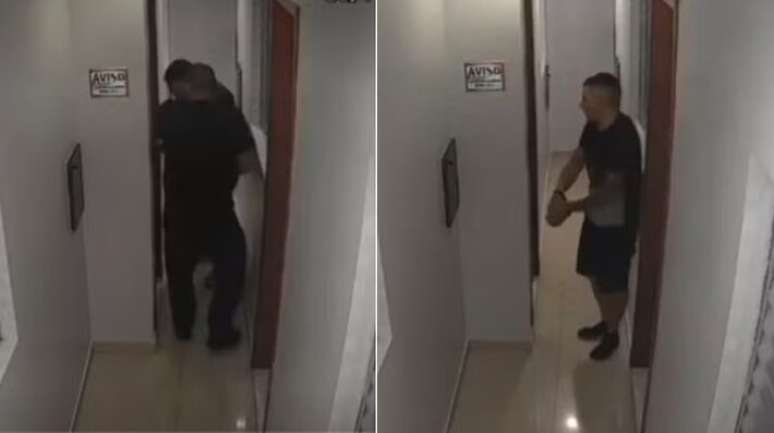 Imagens mostram quando policiais entram no quarto de hotel e depois quando acusado sai algemado