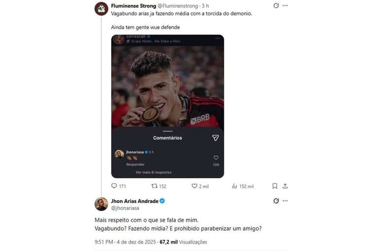 Meia rebate torcedor após comentário em foto de Carrascal –