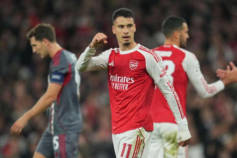 Gabriel Martinelli (Arsenal) celebrando seu gol contra o Olympiacos, no dia 01.10.2025 