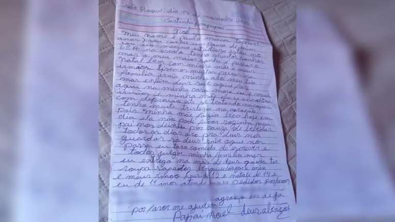 Carta escrita por Paulo, de 11 anos, ao Papai Noel, pede sa&uacute;de para a m&atilde;e e condi&ccedil;&otilde;es melhores para fam&iacute;lia