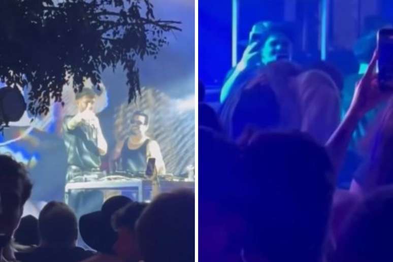 Leo Pereira discursando | Léo e Karoline se beijando