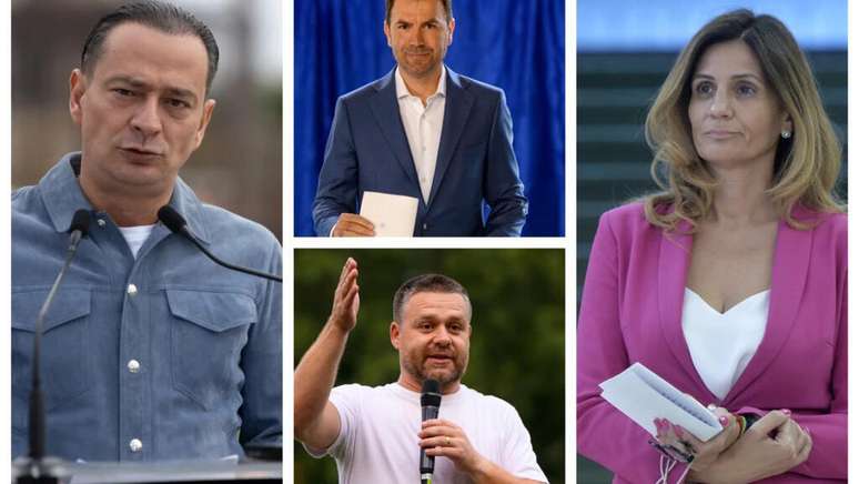 No sentido das agulhas do relógio, os candidatos Daniel Baluta, do Partido Social-Democrata (PSD), Ciprian Ciucu, aliado do primeiro-ministro liberal Ilie Bolojan, a favorita, a jornalista Anca Alexandrescu, de extrema direita, e Catalin Drula, representante do partido de centro-direita União Salve a Romênia.