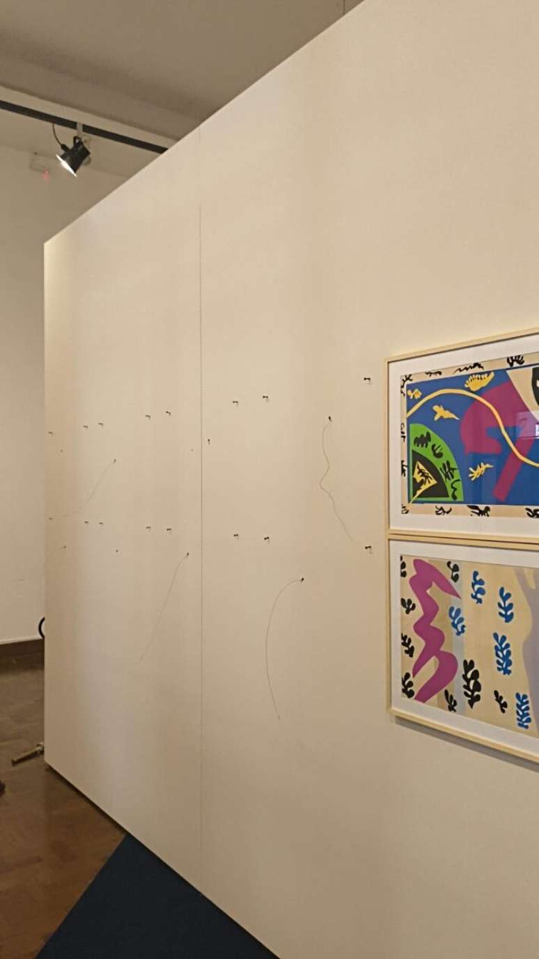 Foto da parede da Biblioteca Mário de Andrade sem as obras que foram roubadas