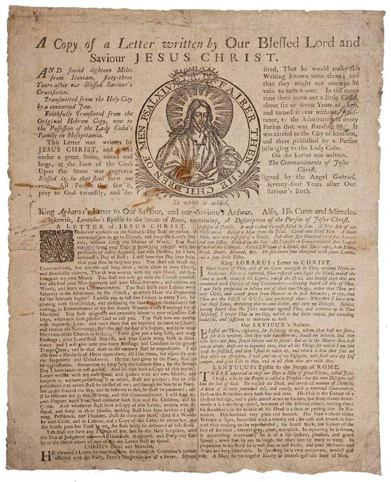 Uma cópia da carta celestial, "escrita por Nosso Bendito Senhor e Salvador Jesus Cristo (...) Transmitida da Cidade Santa por um judeu convertido" e "assinada pelo Anjo Gabriel"