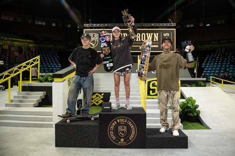Pódio do SLS Super Crown, com vitória e Ginwoo Onodera, vice de Sora Shirai e 3ª colocação de Nyjah Huston