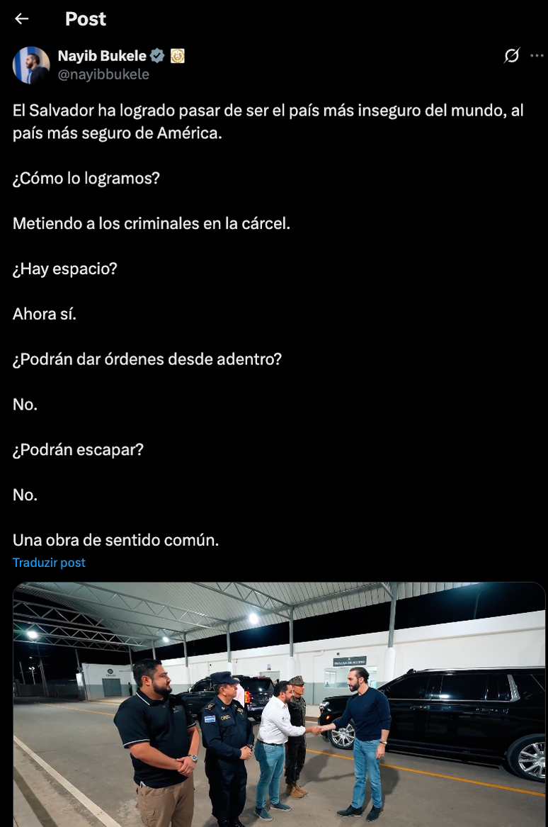 Bukele anuncia megaprisão em 2023, em sua conta no X