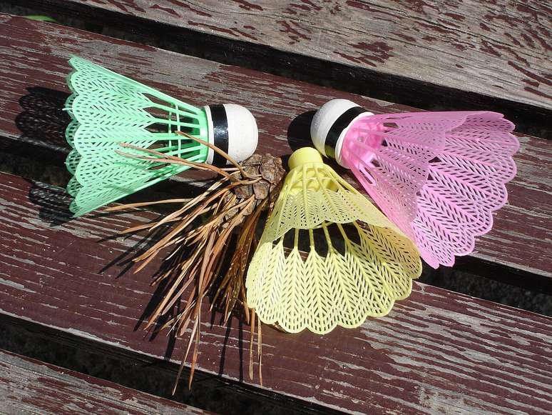 A peteca utilizada nas competi&ccedil;&otilde;es possui um desenho caracter&iacute;stico: base de borracha, penas naturais ou sint&eacute;ticas e estrutura pensada para facilitar a pegada e o voo &ndash; Alexander Yampolsky/Wikimedia Commons