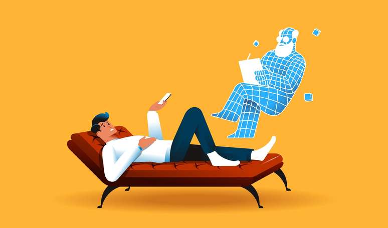 Ilustração de homem conversando com um terapeuta de inteligência artificial, com fundo laranja