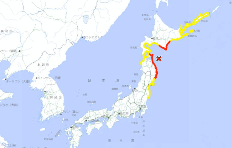 A região em vermelho é onde o alerta é mais forte para tsunamis